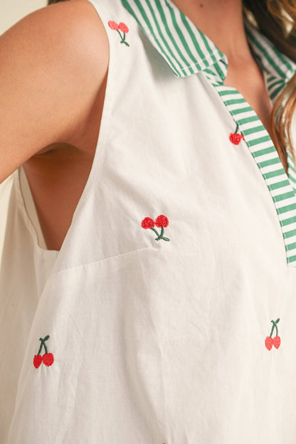 &amp;merci FRUIT EMBROIDERY COLLARED TANK  Cherry / size Small