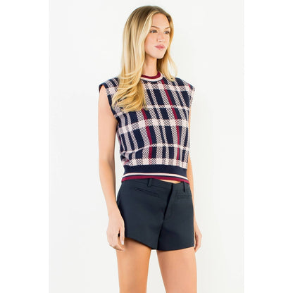 THML Plaid Knit Sweater Vest: NAVY / XS-S-M-L(1-2-2-1)