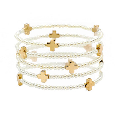 Cross accent multi layered pearl beaded stretch bracelet: Gold/Cream pearl / ONE SIZE