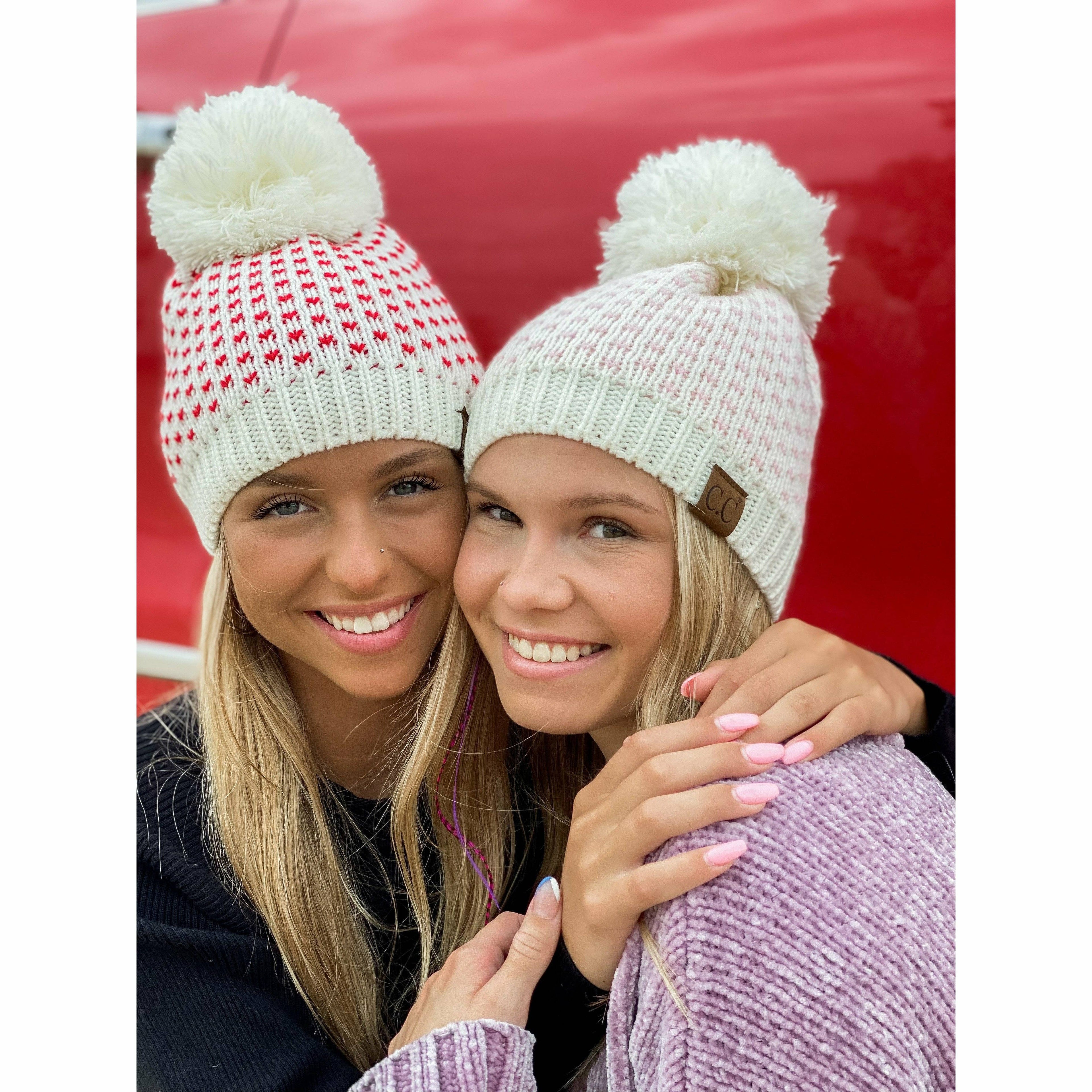 Heart Knit Pom Beanie HAT2088: Ivory/Pink