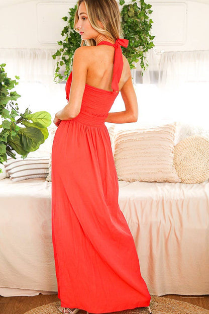 Halter With Self-Tie Neck Closure Smocked Maxi Dress: Royal Blue