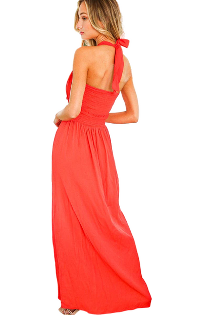 Halter With Self-Tie Neck Closure Smocked Maxi Dress: Royal Blue