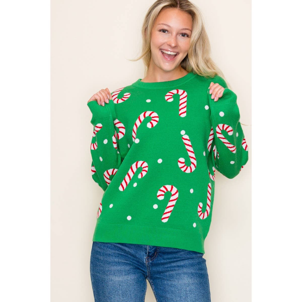 CHRISTMAS CANDY CANE SWEATER: GREEN / S-M-L-XL(2-2-2-1)