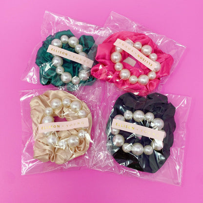Pearl &amp; Satin Scrunchie Set: Jeweled Pink