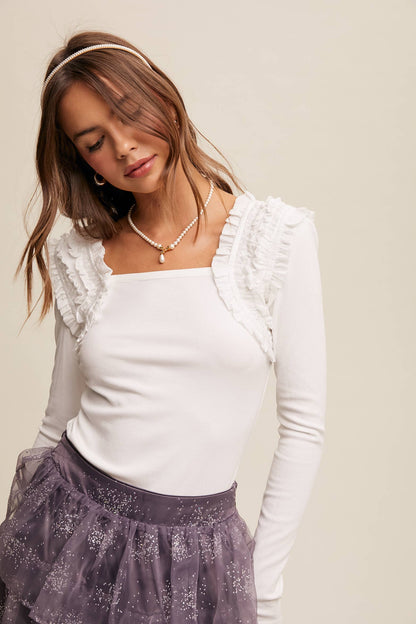 Square Neck Ruffle Accent Top: Black / M