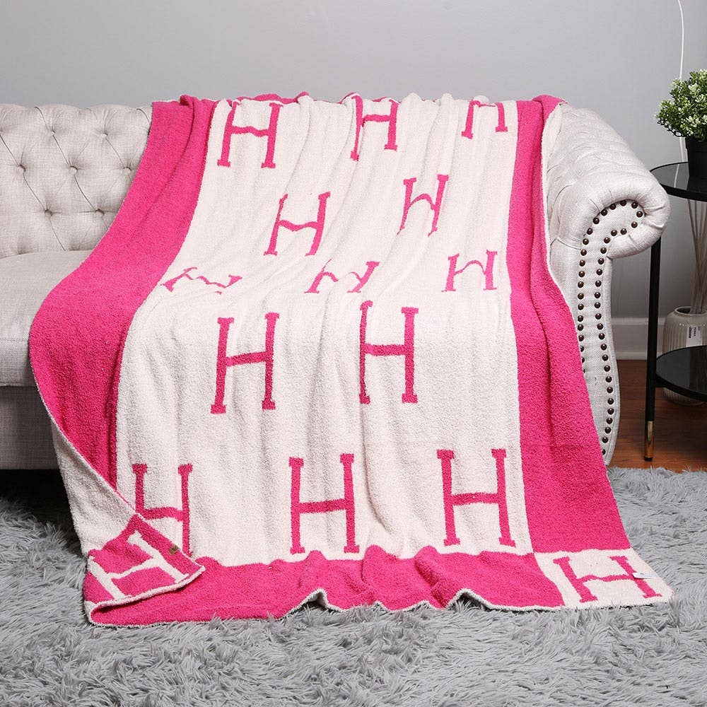 H Initial Monogram Patterned Reversible Throw Blanket: Black faux Hermes