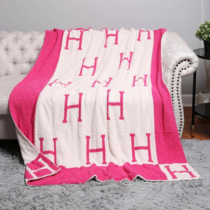 H Initial Monogram Patterned Reversible Throw Blanket: Black faux Hermes