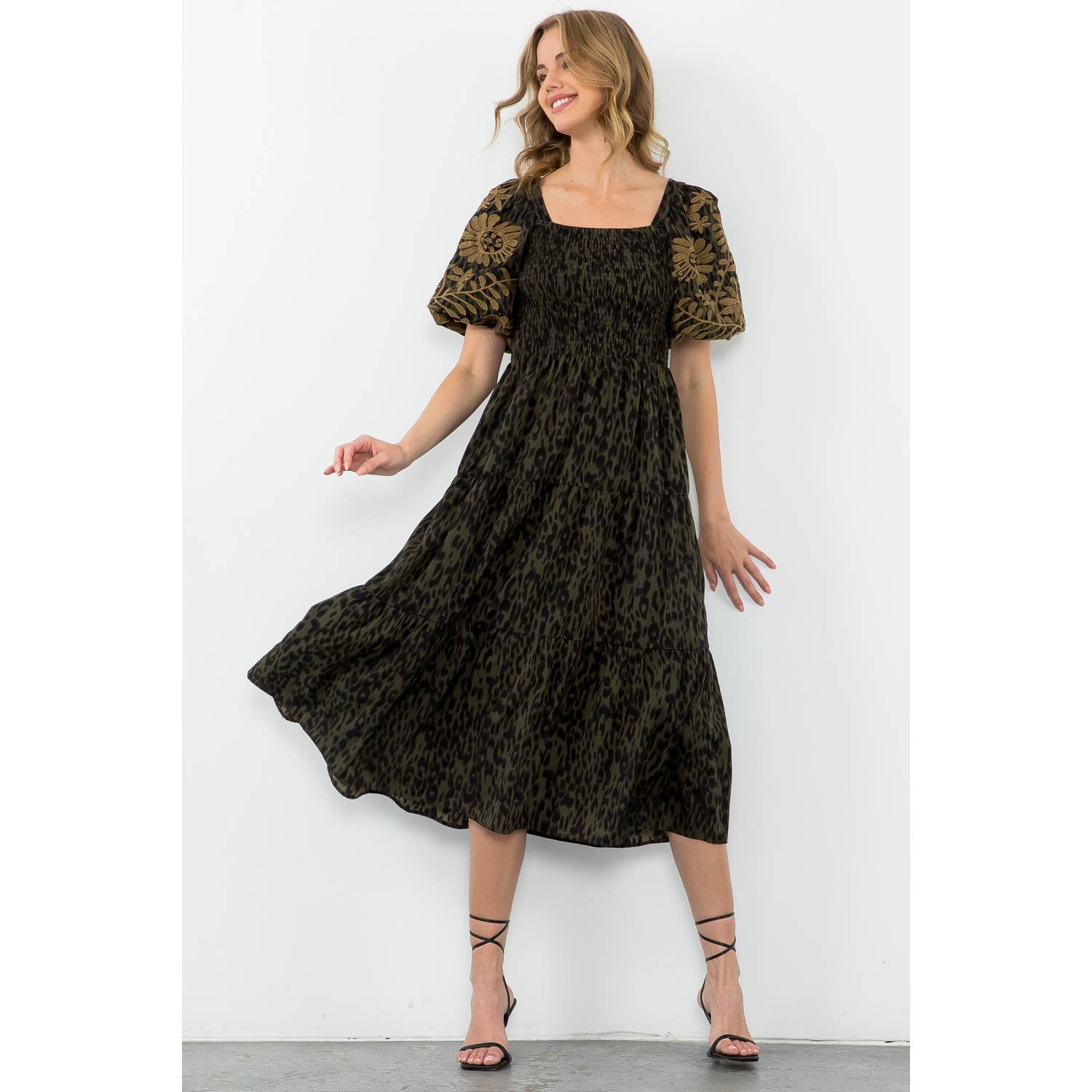 Olive Puff Sleeve Cheetah Print Midi Dress with Tiers: OLIVE
