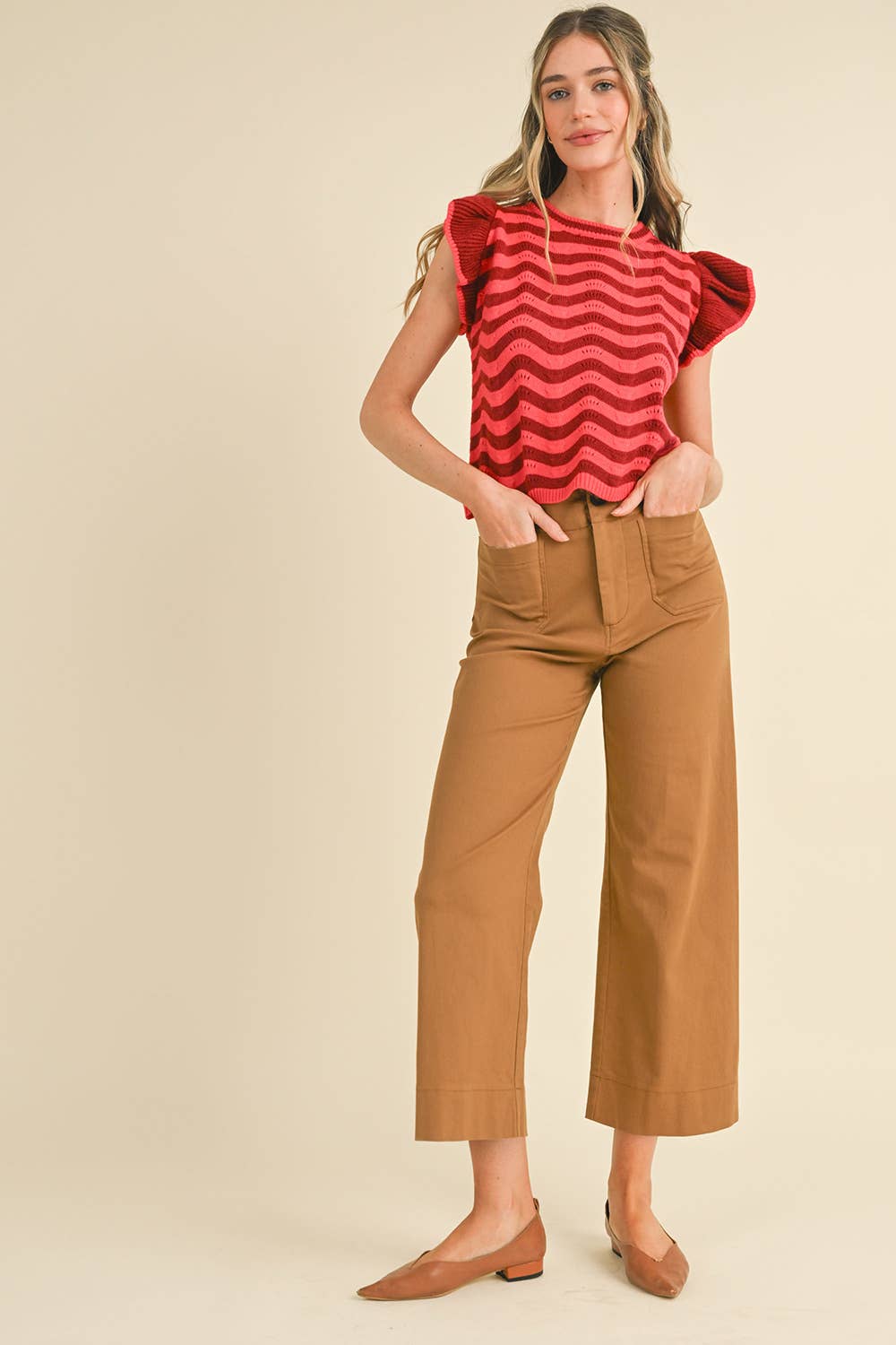 HIGH WAIST CROPPED WIDE LEG PANTS MP3303: Berry Pink / M