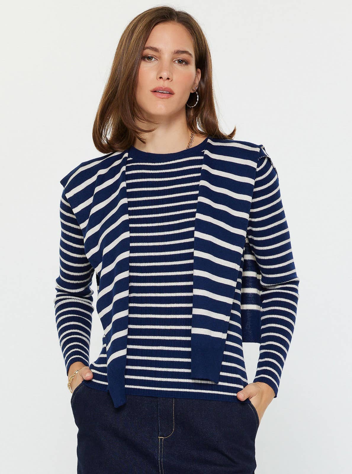 Striped Long Sleeve Sweater W/faux Cardigan by Current Air: Navy Stripe