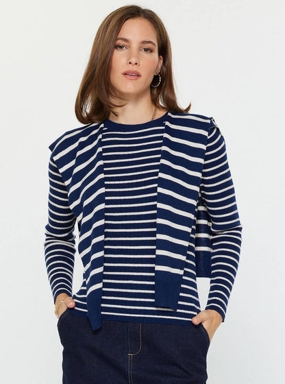 Striped Long Sleeve Sweater W/faux Cardigan by Current Air: Navy Stripe