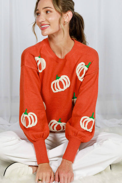 Pumpkin Embroidered Crew Neck Knitted Sweater Top VT82559: Pumpkin / L