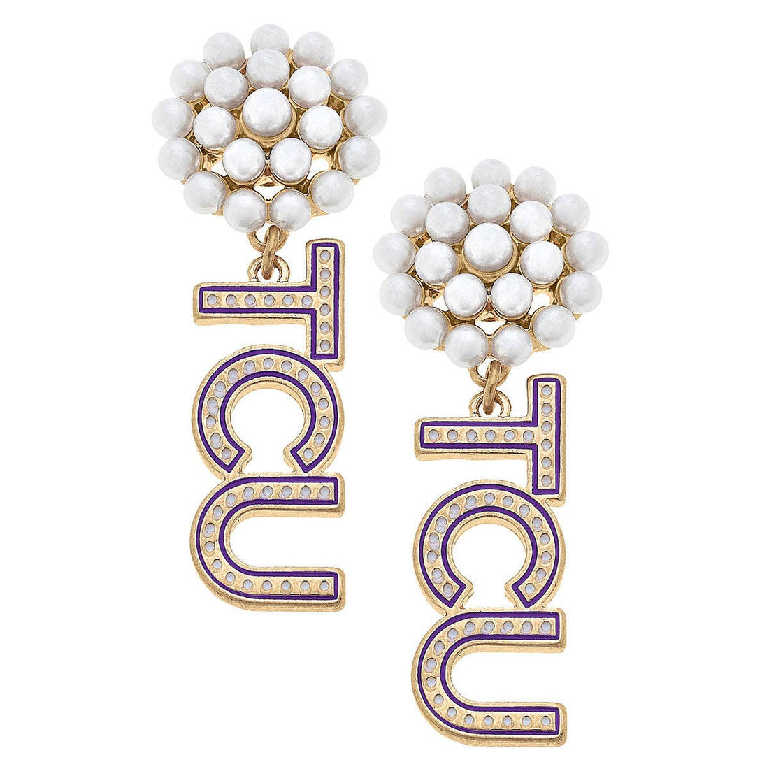 TCU Horned Frogs Pearl Cluster Dotted Enamel Drop Earrings