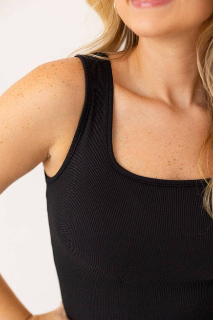 Bella Square Neck Rib Knit Tank Top Black: Black / XS