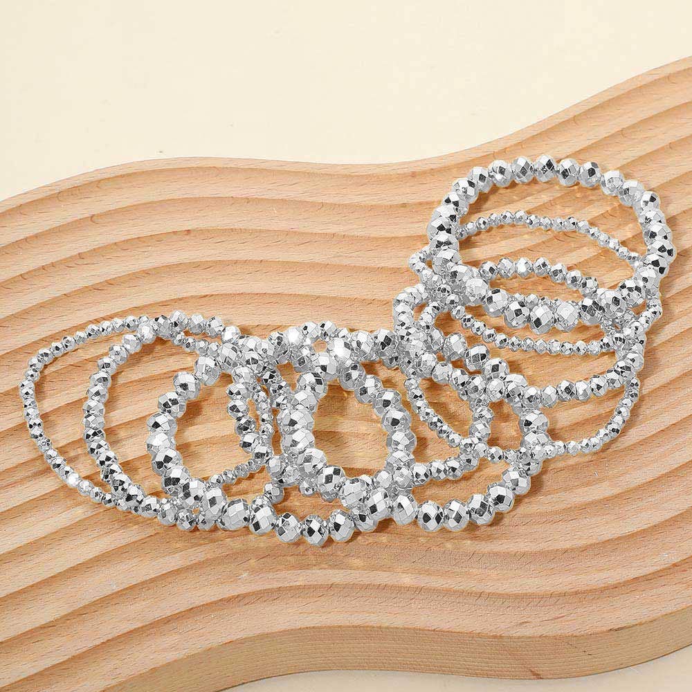 9PCS - Faceted Beaded Stretch Multi Layered Bracelets: Gray