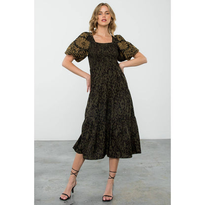 Olive Puff Sleeve Cheetah Print Midi Dress with Tiers: OLIVE