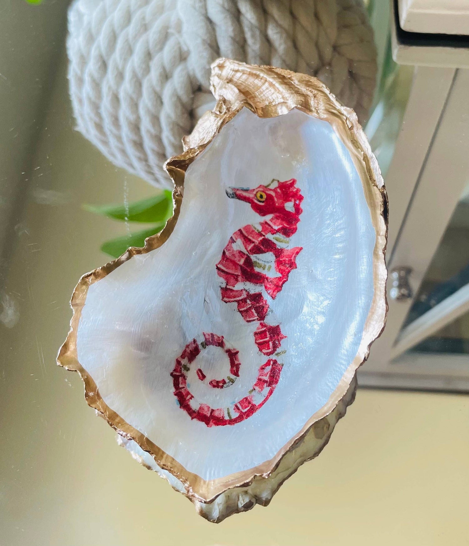 Oyster Shell trinket Dish, Seahorse Oyster Trinket Dish: Red