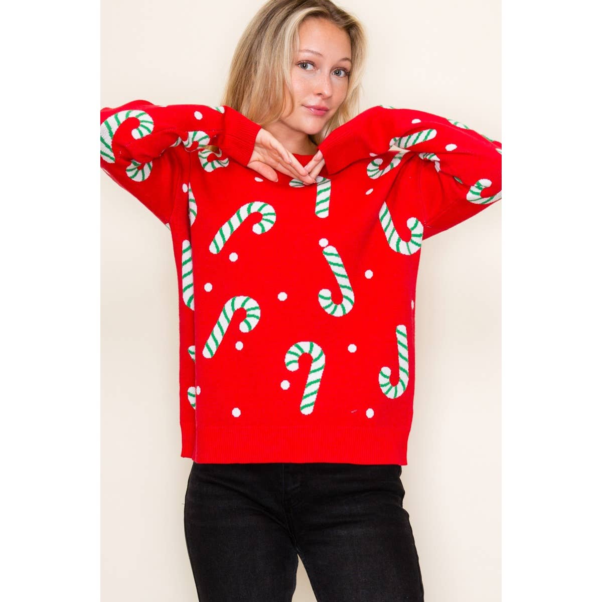 CHRISTMAS CANDY CANE SWEATER: GREEN / S-M-L-XL(2-2-2-1)