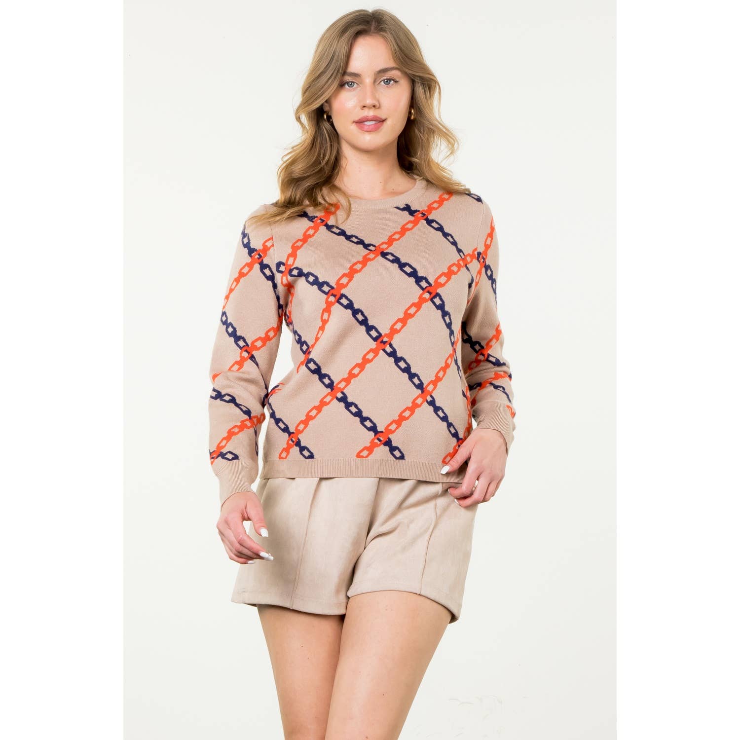 Chain Print Sweater: TAUPE / M