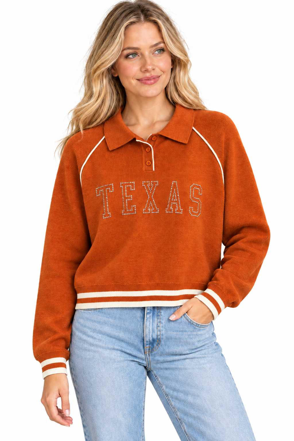 TEXAS Rhinestone Polo Sweater: ORANGE/WHITE SIZE SMALL