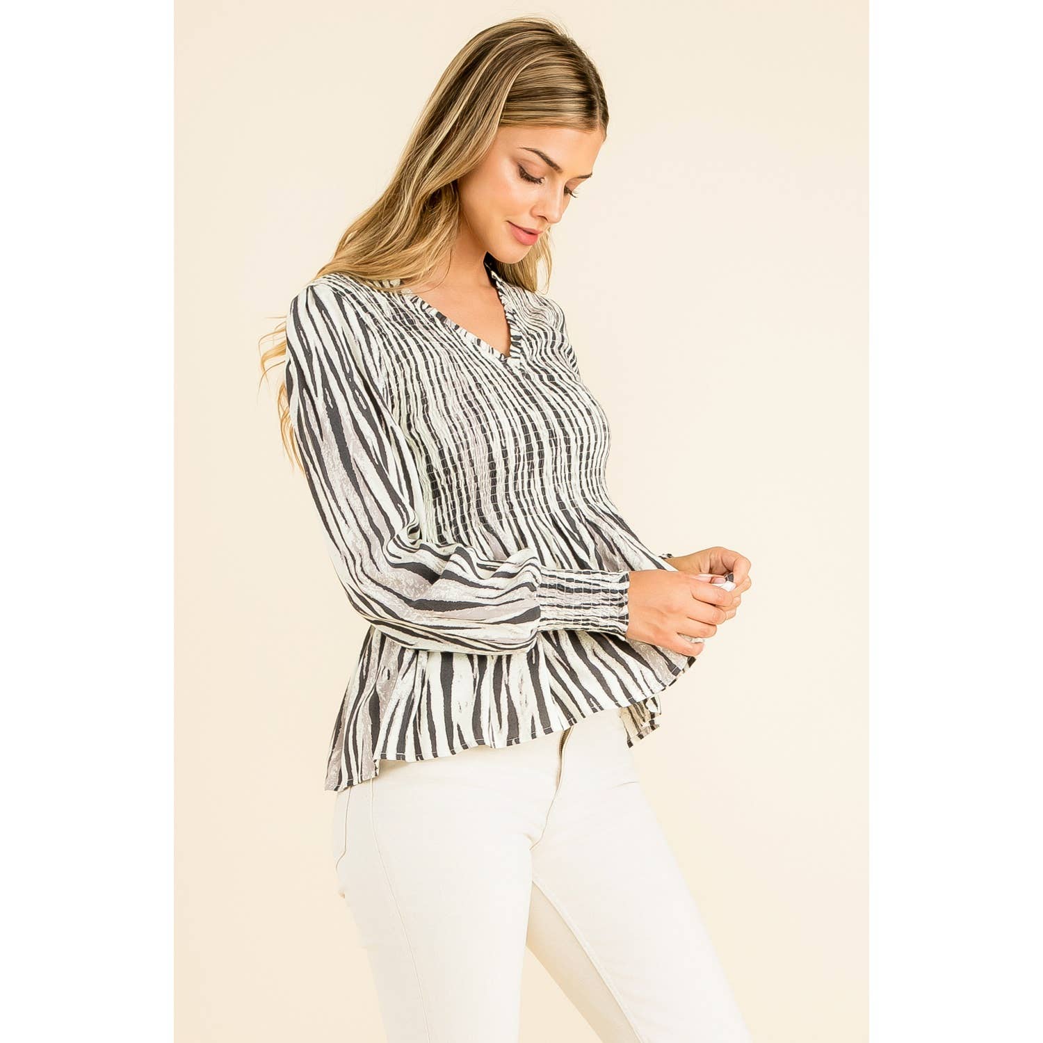 Smocked Zebra Print Top: GRAY / S
