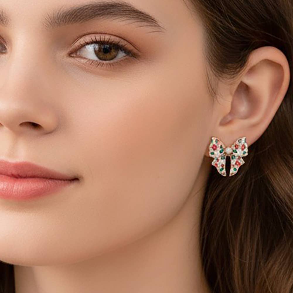 Pearl Accent Holiday Plaid Bow Stud Earrings: Green,Red