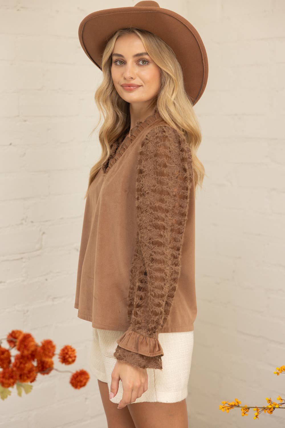 Voy Lace Long Sleeve Ruffle Detailed Corduroy Top: Brown