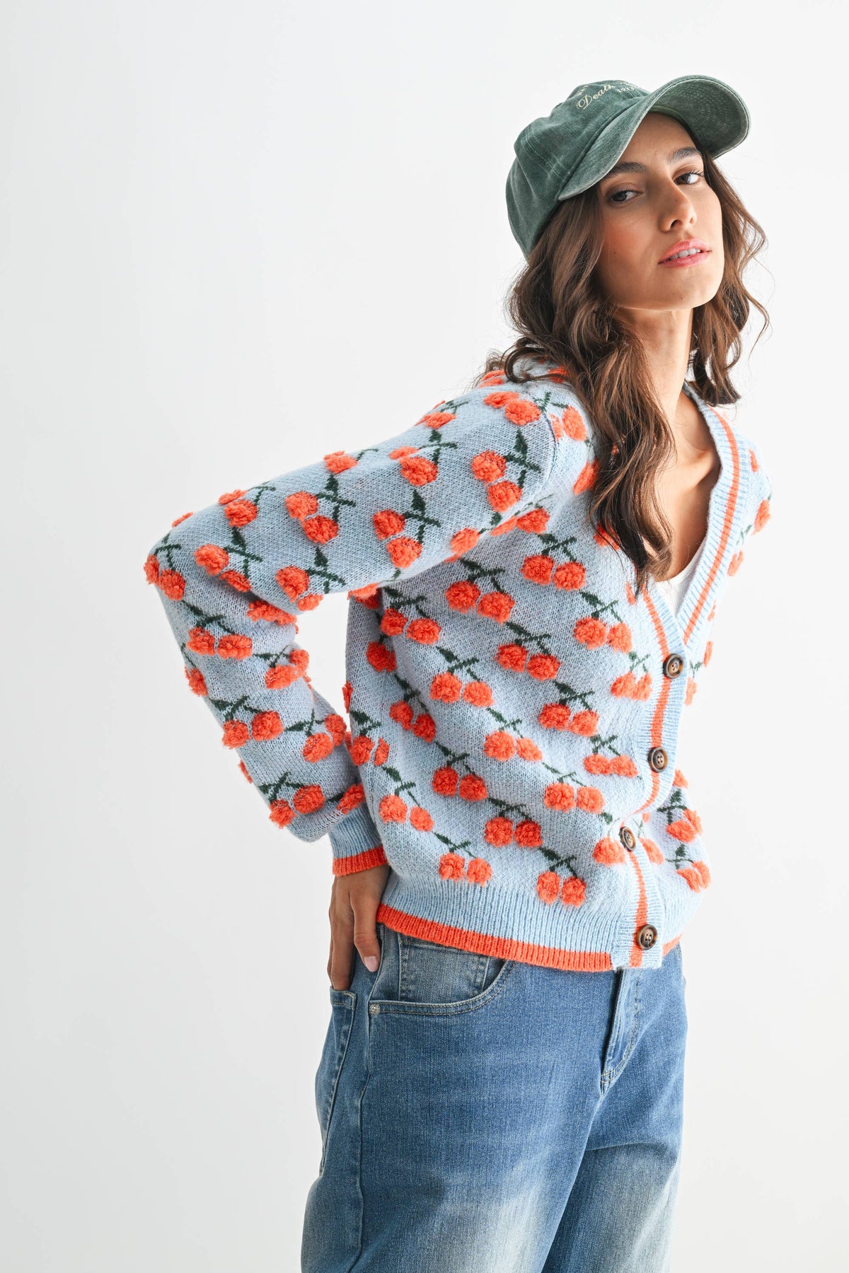 CJW26348 CHERRY KNIT WOOL CARDIGAN: LT.BLUE/ORANGE MULTI / S-M-L (3-2-1)