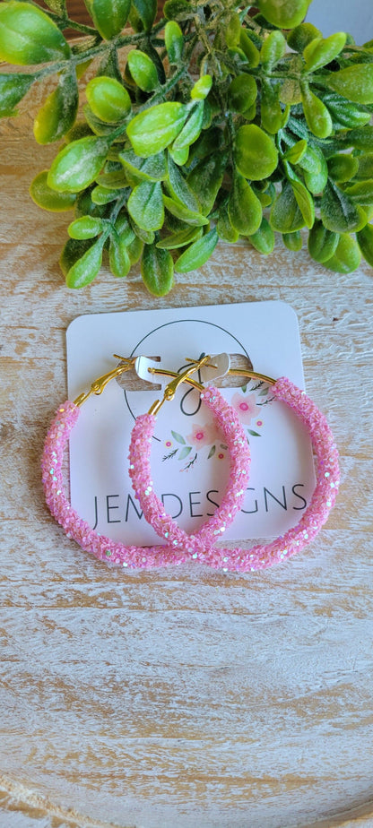 Mauve Pink Glitter Hoop Earrings: Small