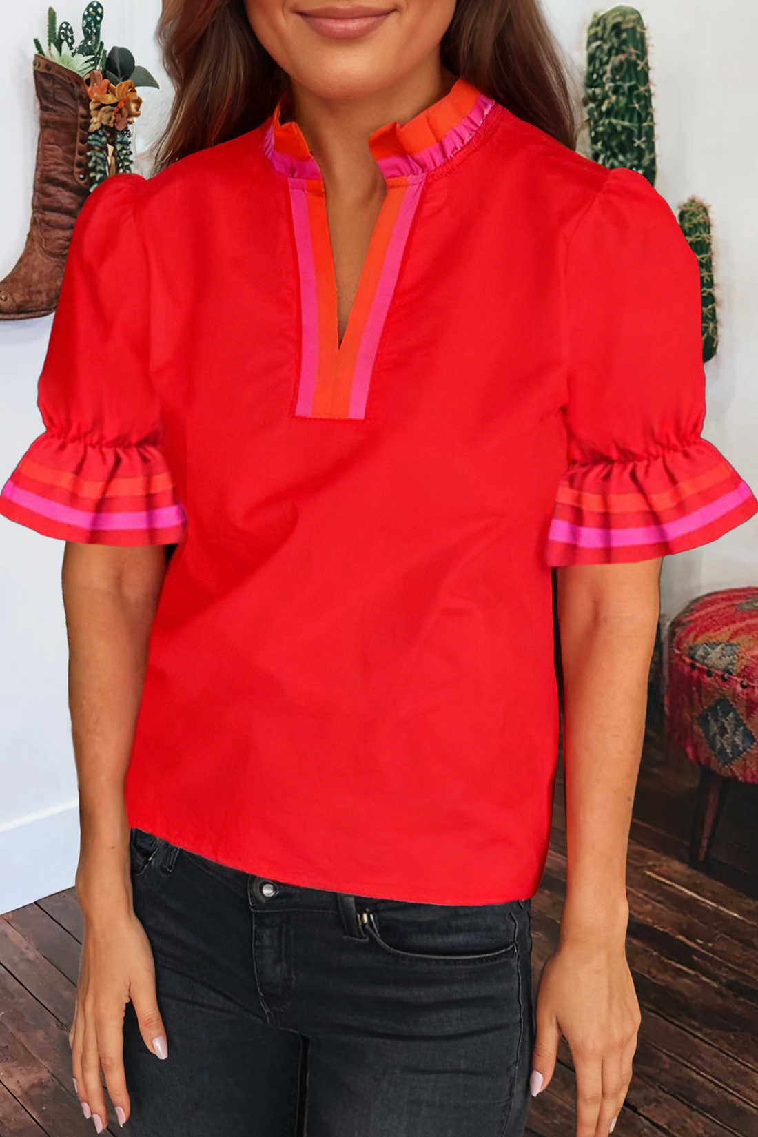Spring Striped Frilled Collar Ruffled Short Sleeve Blouse: Fiery Red / S