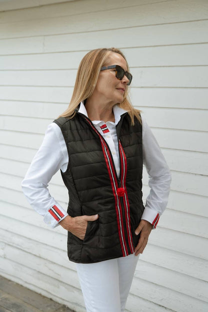 Maggie May Puffer Vest - Black w Black, White &amp; Red Stripe: Black w Black White &amp; Red Stripe Ribbon