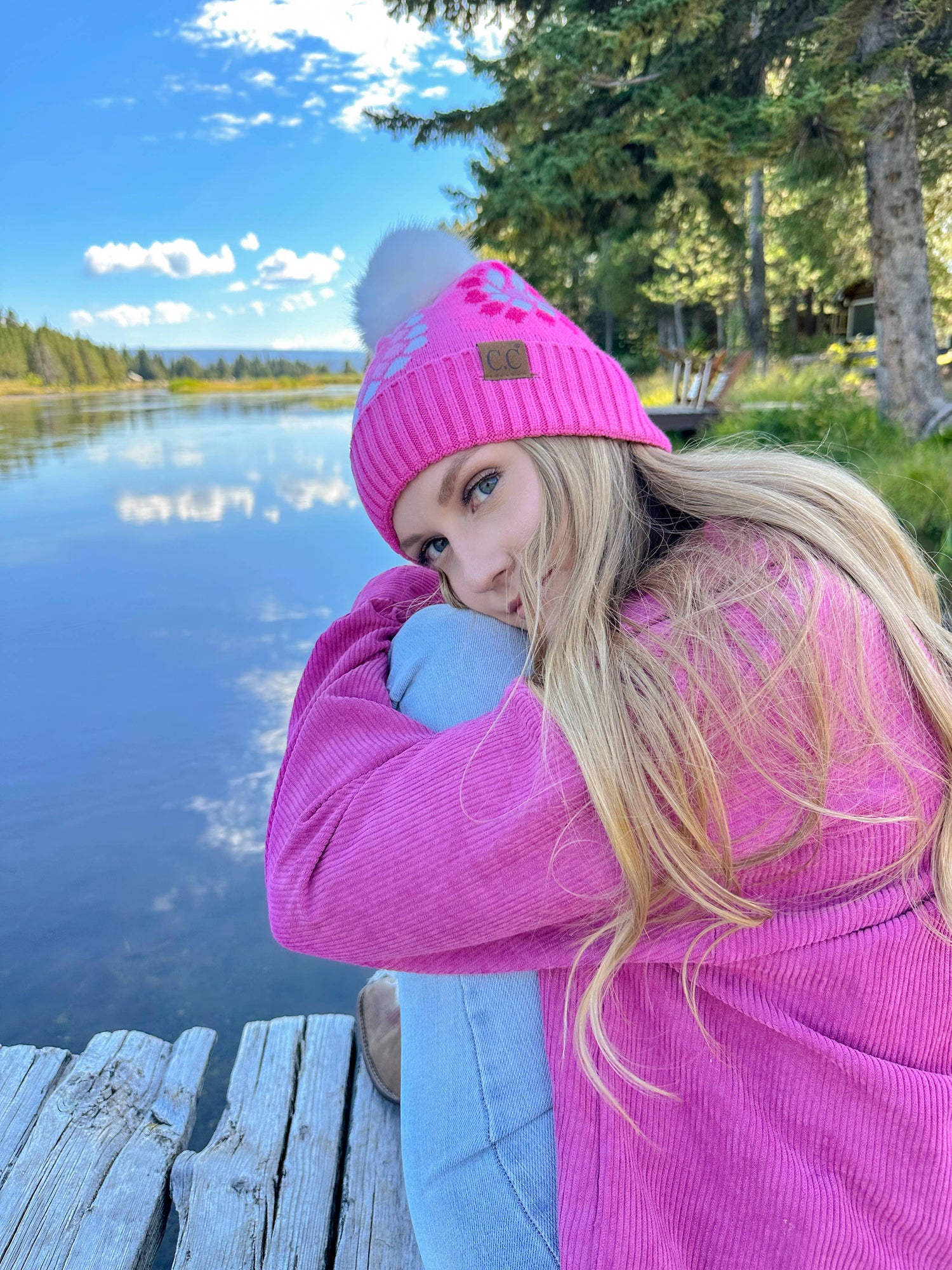 Flower Pattern Pom C.C Beanie HAT7396: Black