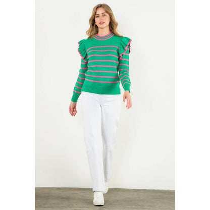 Flutter Detail Striped Sweater: GREEN / M