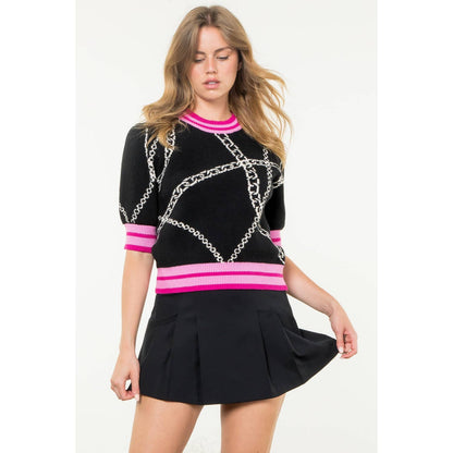 THML Short Sleeve Knit Top: BLACK WITH PINK TRIM / XS