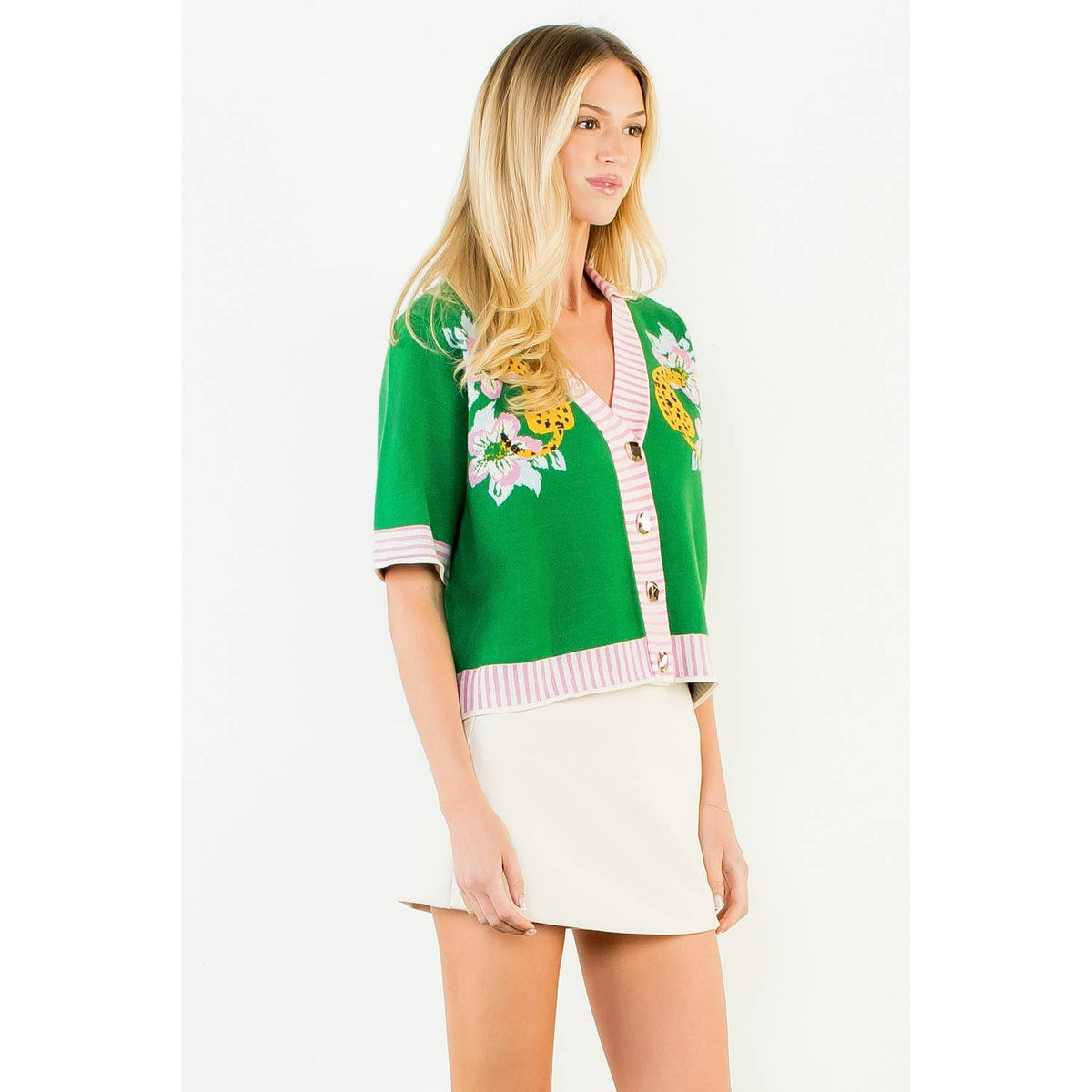 THML Button Up Collared Tiger Print Cardigan: GREEN