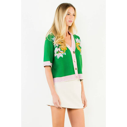 THML Button Up Collared Tiger Print Cardigan: GREEN