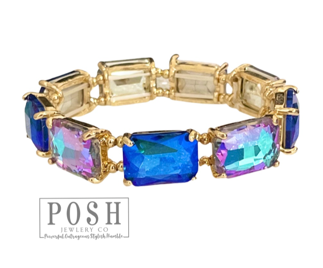 Large rectangle rhinestone bracelet: Blue