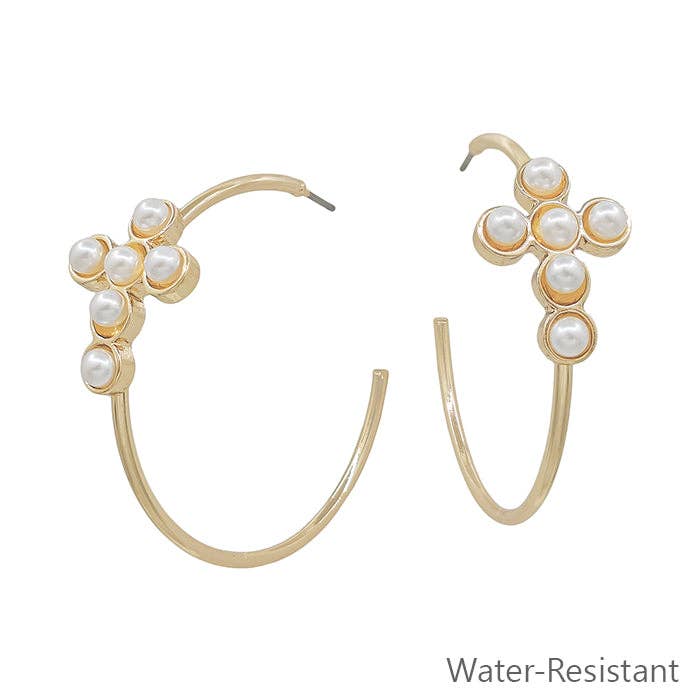 Water Resistant Gold Hoop with Pearl Beaded Cross 1.5&quot; Earring