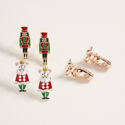 3Pairs - Nutcracker Soldier Mouse King Ballet Shoe Stud Earring Set: Red