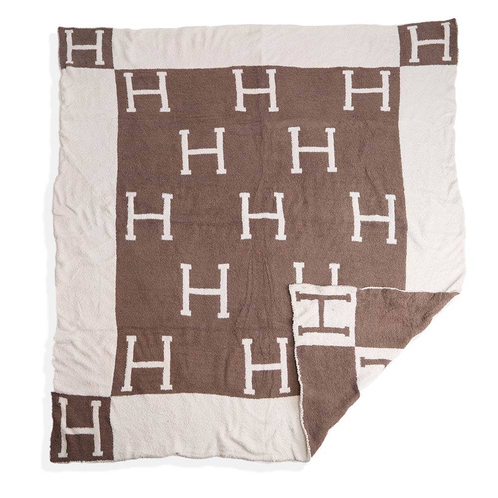 H Initial Monogram Patterned Reversible Throw Blanket: Black faux Hermes