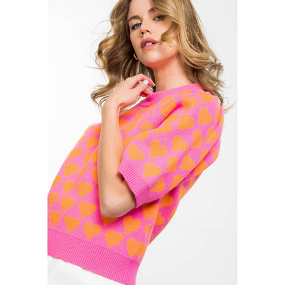 THML Short Sleeve Heart Knit Top: PINK / SMALL