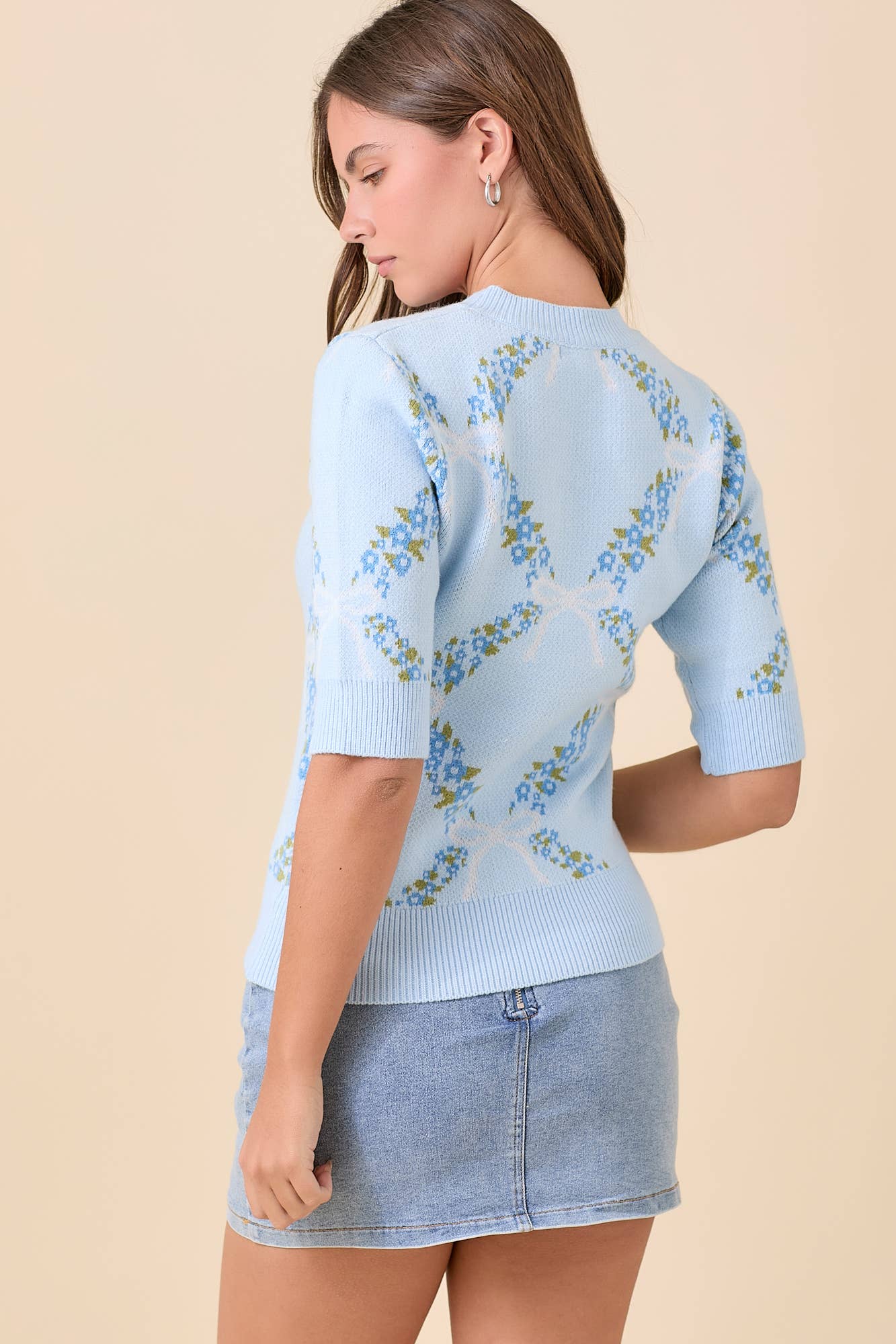 Floral Ribbon Print Sweater Knit Top: BLUE / S