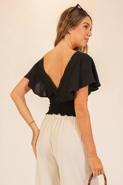 Spring Flutter Sleeve Smocked Wrap Top: Black / L