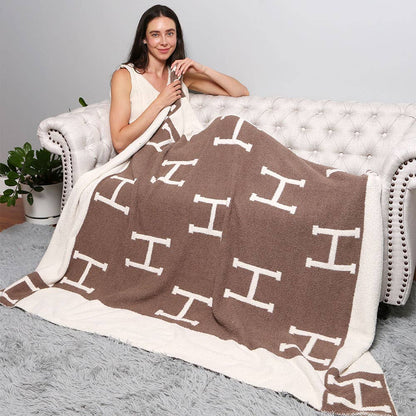 H Initial Monogram Patterned Reversible Throw Blanket: Black faux Hermes