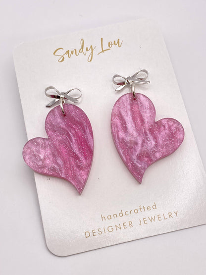 VALENTINE PINK SHIMMER WITH SILVER BOW HEART EARRINGS