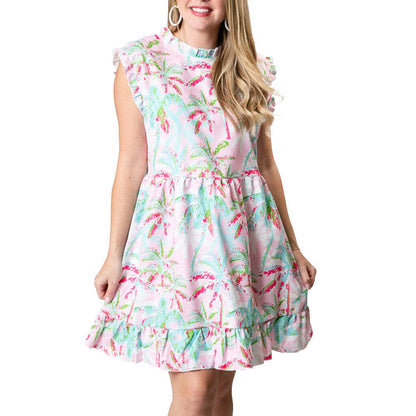 Printed Anna Dress- Green and Blue Palm Trees / Small