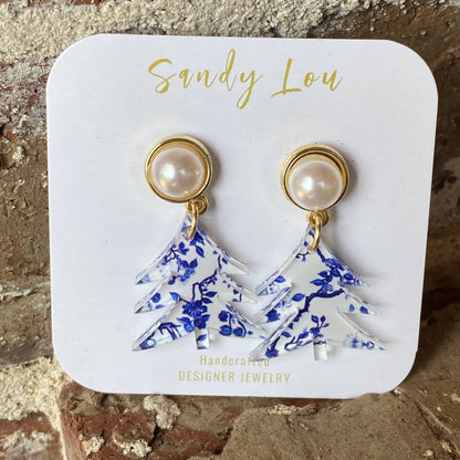 Blue Willow Festive Holiday Tree Earrings: Small 1.5&quot;