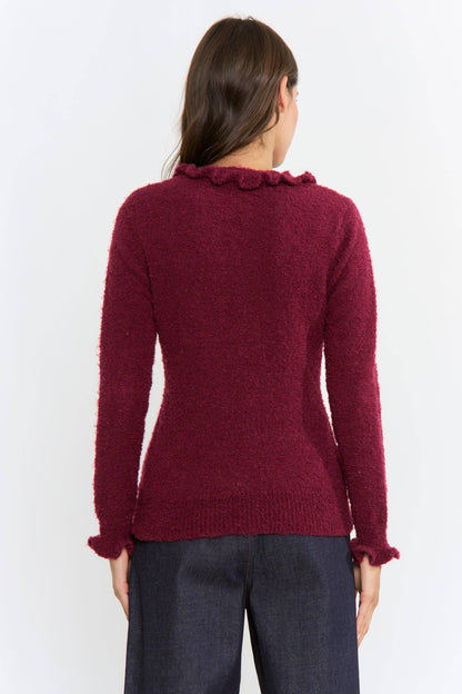 CEW26312 COZY RUFFLED-TRIMMED CARDIGAN: Burgundy / S-M-L(3-2-1)
