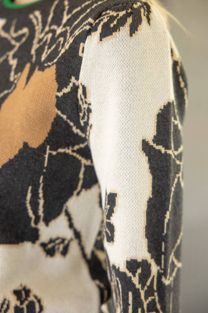 VOY Striped Rib Band Detailed Printed Sweater: Ivory
