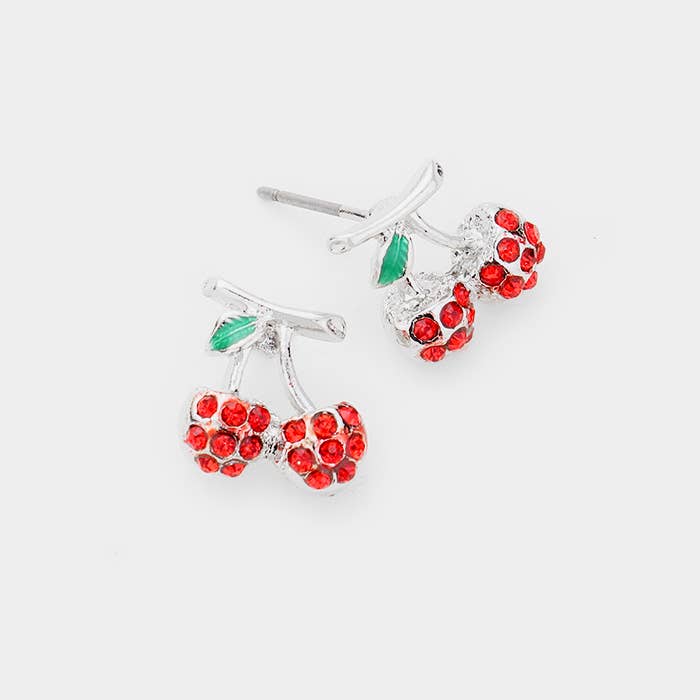 Rhinestone Pave Cherry Stud Earrings RED